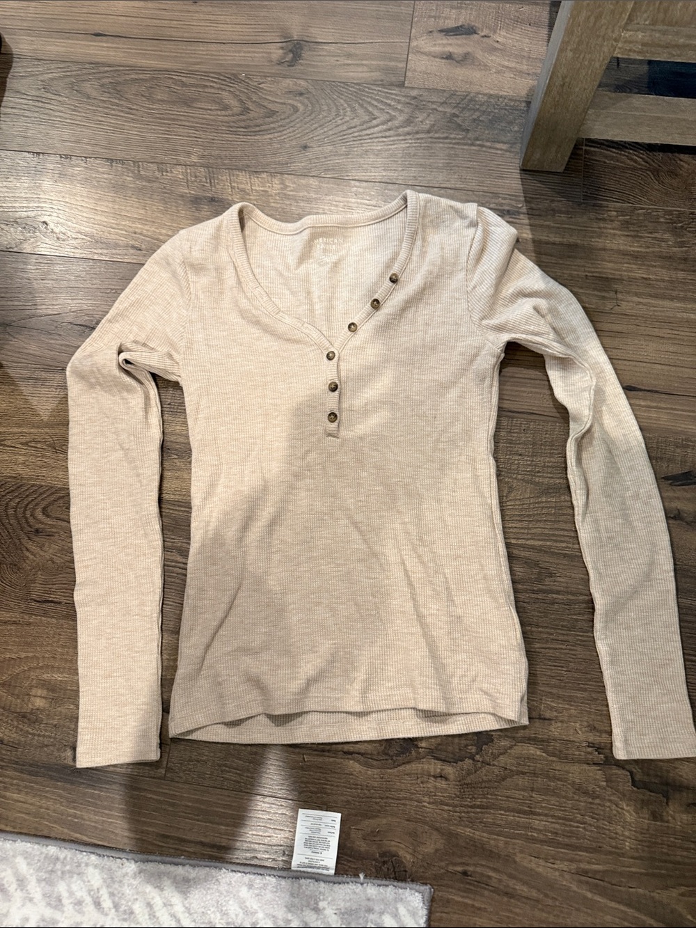 American Eagle Outfitters Beige Ribbed Long Sleeve Henley